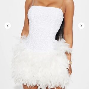 Fashion Nova Strapless White Feather Dress
